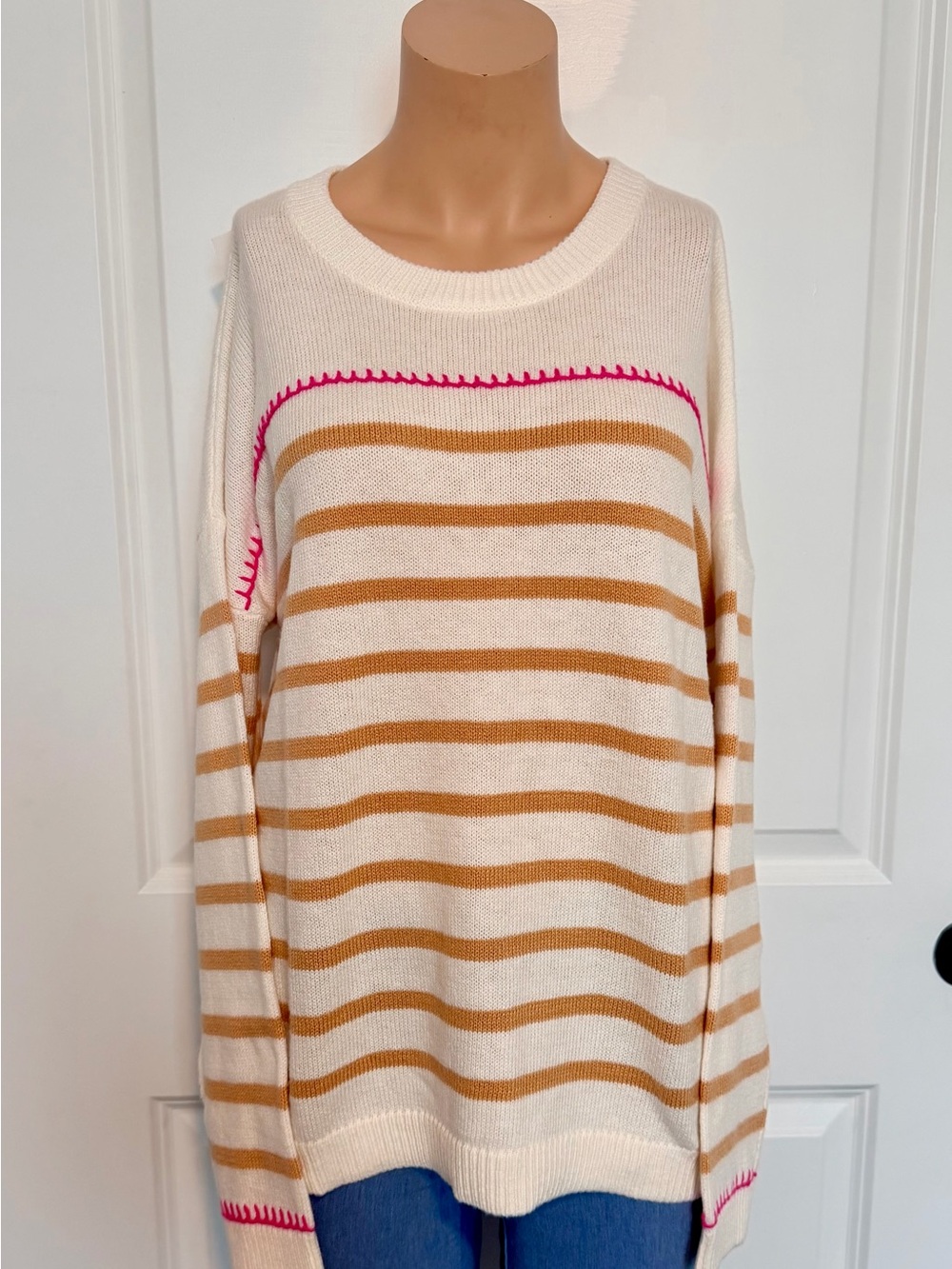 Lilly Pulitzer Cream Sweater with Tan Stripes and Pink Stitching